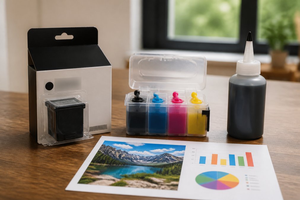 Side-by-side photo on a wooden desk: a sealed OEM ink cartridge package next to an open refillable cartridge with a 100ml bottle of pigment ink, a freshly printed color document lying nearby under natural window light