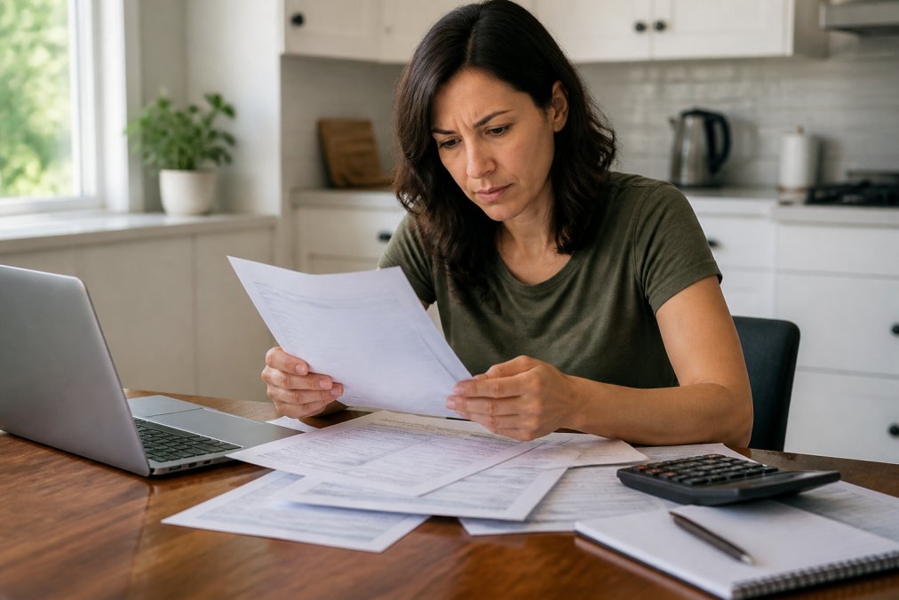 Homeowner reviewing credit report and mortgage documents at a kitchen table with a laptop and calculator, papers spread out in natural daylight