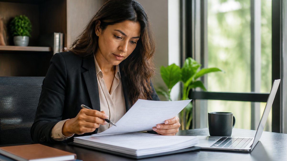 Professional reviewing a mortgage or rental agreement document at a desk with a pen, laptop, and coffee cup, with natural office lighting