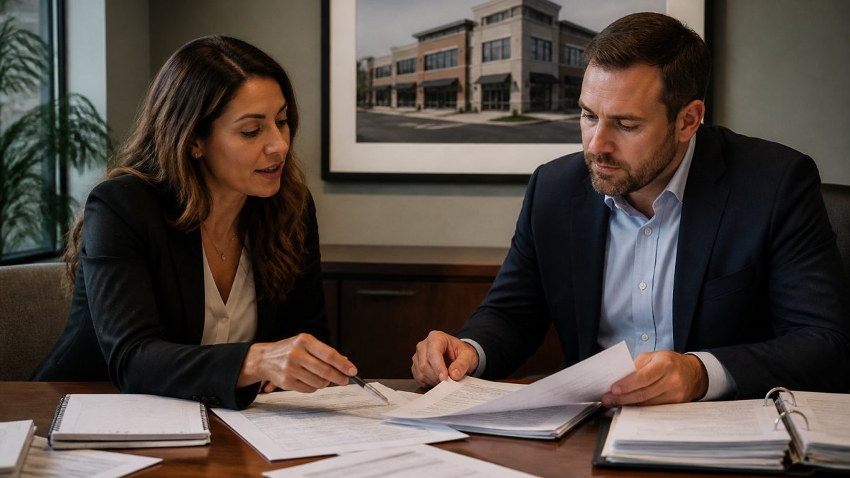 Lender and investor reviewing financial paperwork for refinancing commercial bridge loans at a wooden desk