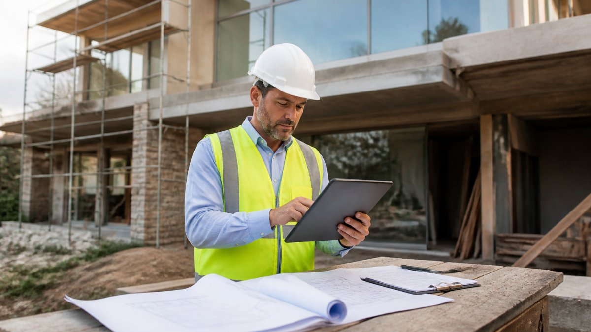 Professional construction project manager reviewing final inspection documents on a tablet at a nearly completed residential construction site, with blueprints and clipboard visible on wooden work table