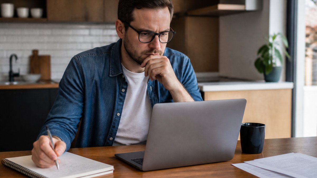 A person reviewing a credit report on a laptop at a kitchen table with a notebook and pen, looking focused and determined
