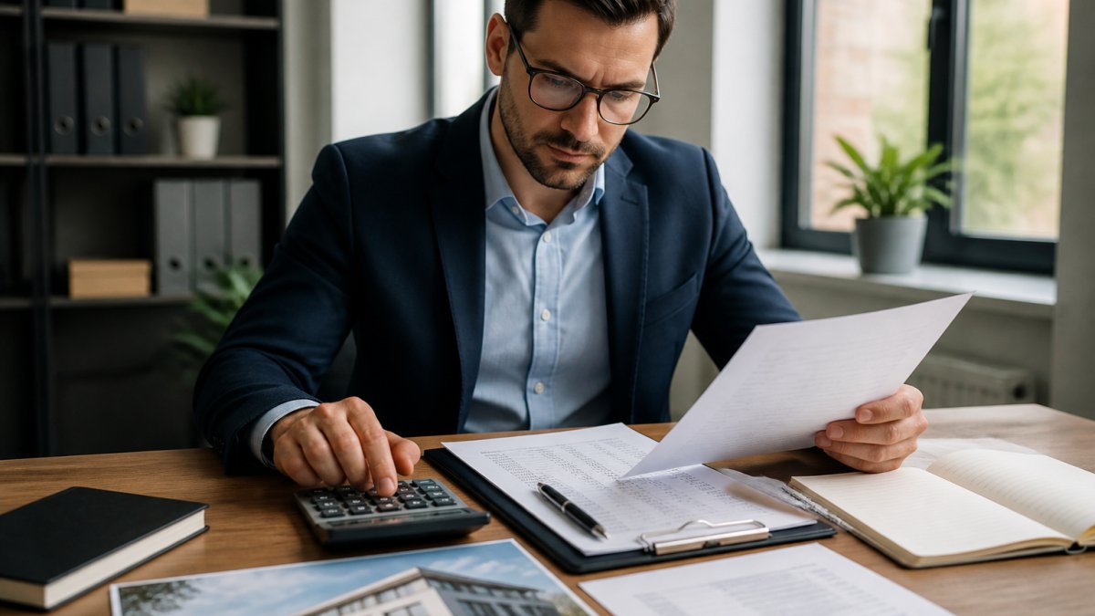 Business owner reviewing documents for commercial real estate refinancing at a desk with a calculator and appraisal