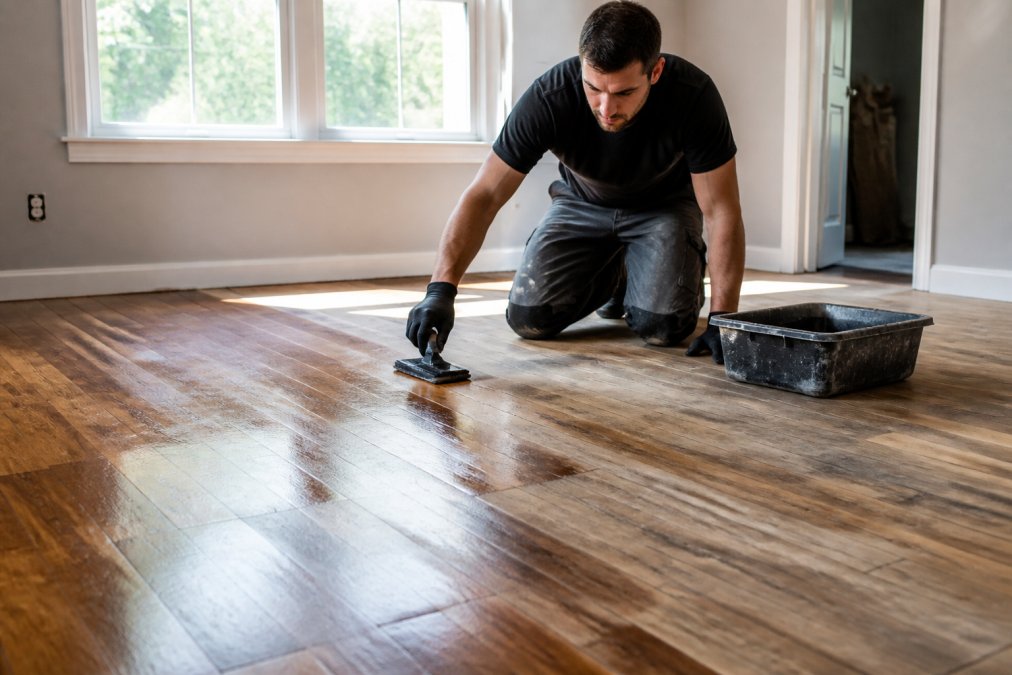 A flooring technician in work clothes kneeling on an old hardwood floor, applying finish with a pad applicator, natural light coming through nearby windows