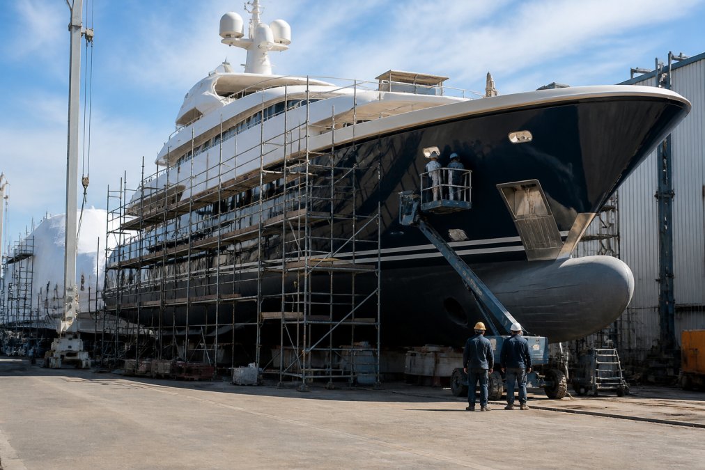Wide-angle photograph of a large luxury superyacht in dry dock at a modern shipyard, with workers in safety gear performing hull maintenance and scaffolding visible along the vessel's side
