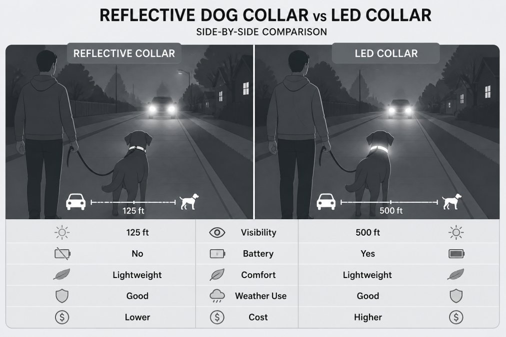 Infographic comparing visibility of a reflective dog collar vs LED collar for night walks on a dark sidewalk.