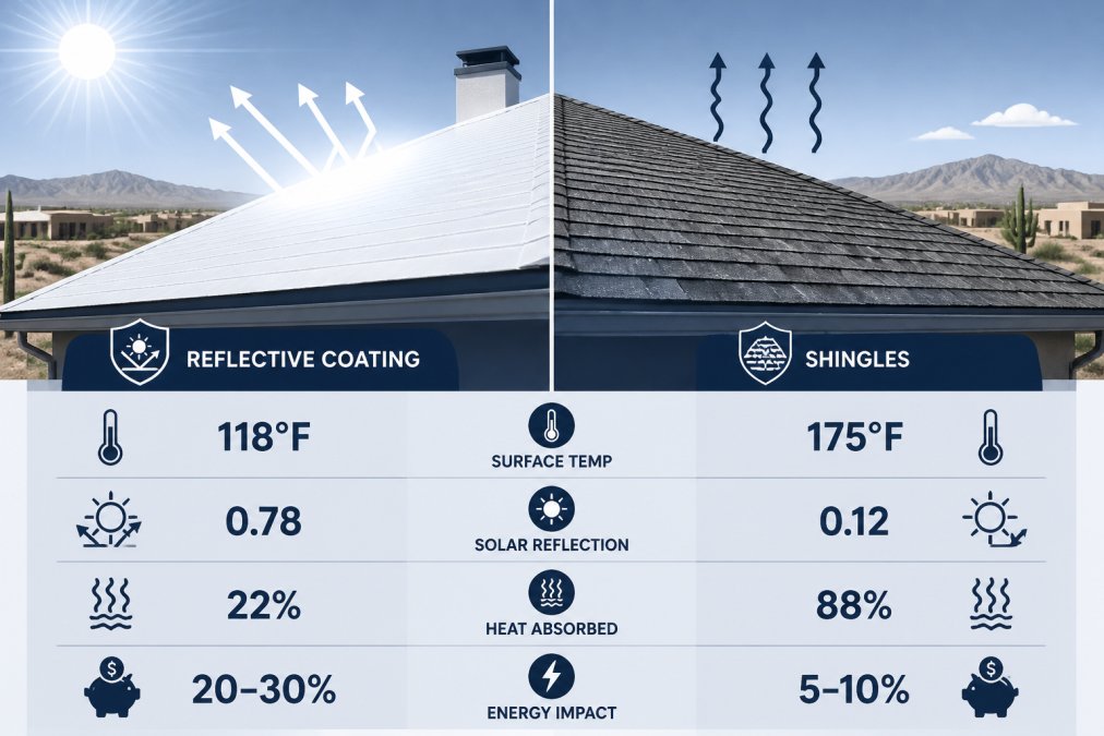 Close-up of a residential roof under intense desert sun with clear blue sky, showing reflective coating surface alongside traditional shingles side by side, emphasizing the contrast in light reflection