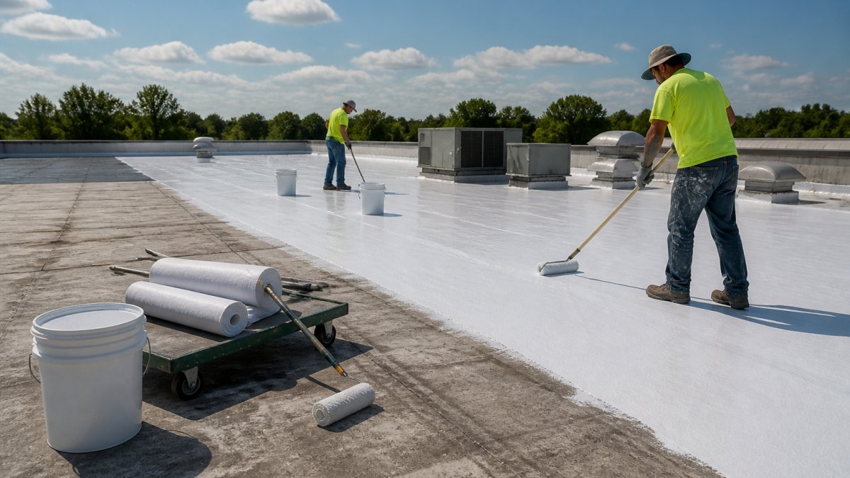 A commercial roofing crew applying a white reflective coating with a roller on a large flat warehouse roof on a clear day, with equipment staged nearby