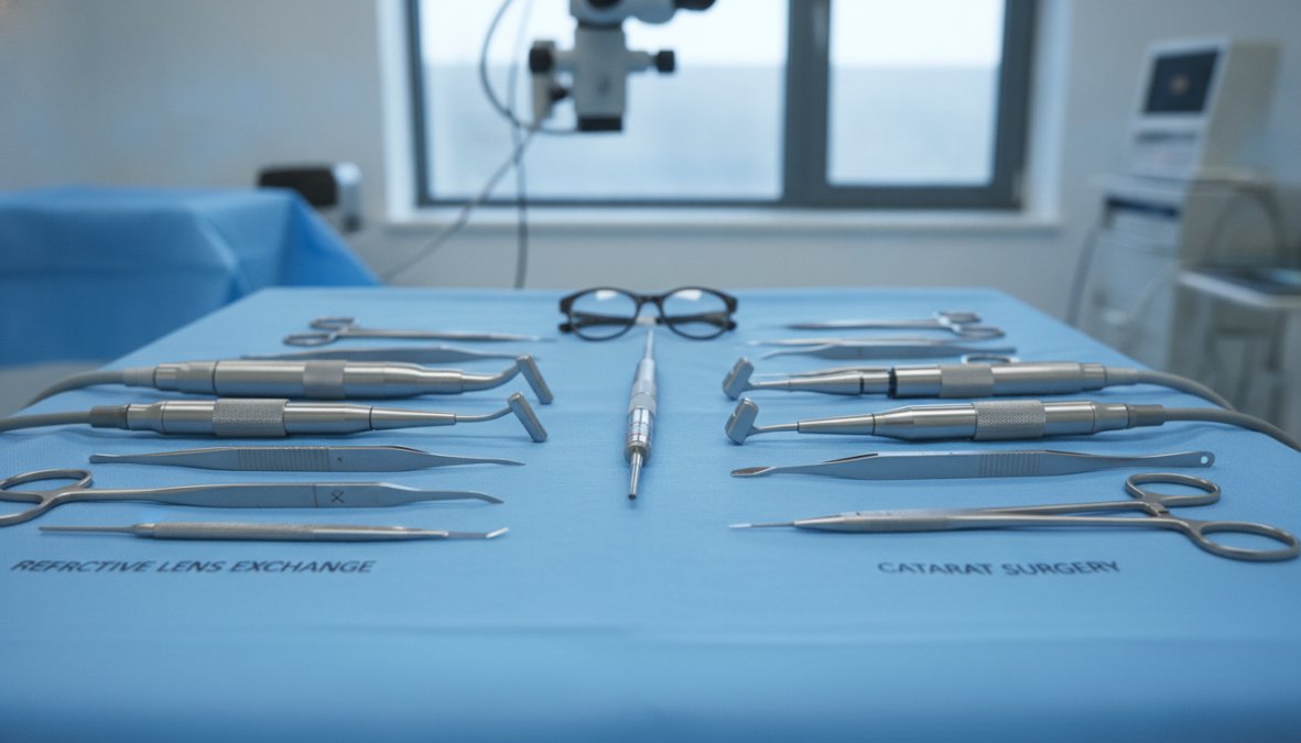 Professional illustration showing Close for refractive lens exchange vs cataract surgery