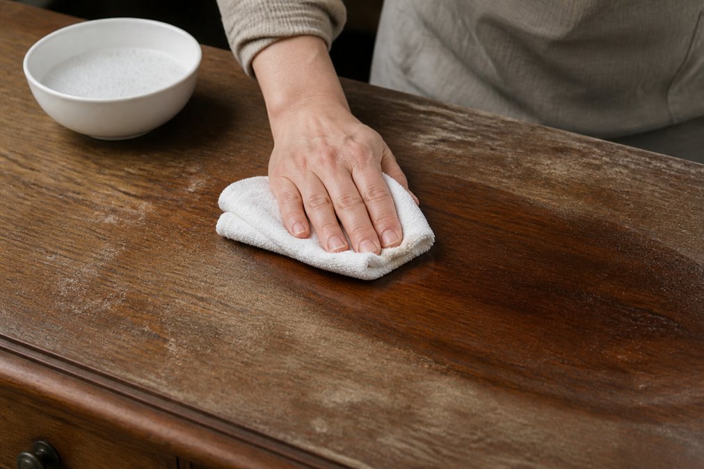 Hands using a lint-free cloth and mild detergent to clean the surface of an old wooden table, with visible dust and grime being wiped away in gentle circular motions