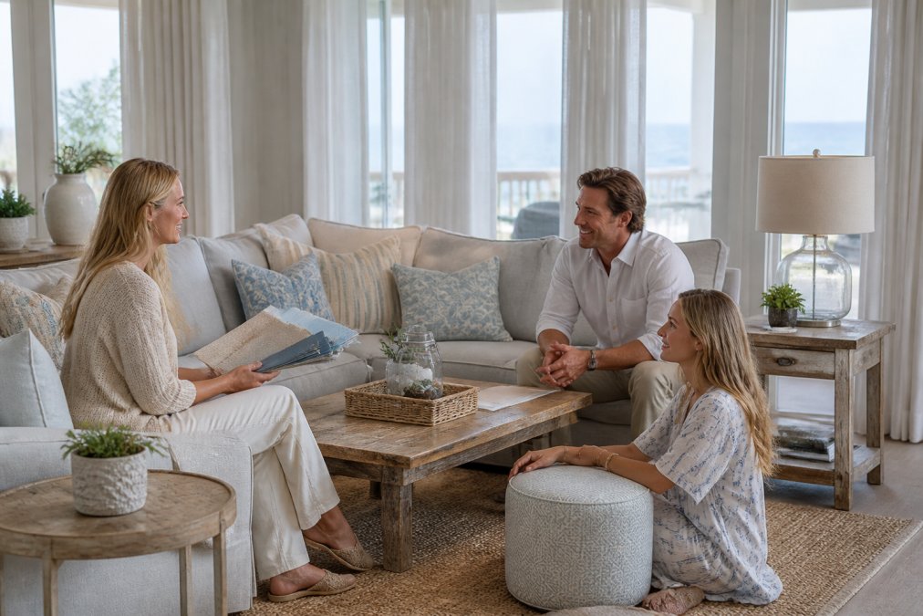 Serene coastal living room with light gray upholstered furniture, weathered wood side tables, woven jute rug, soft blue and cream throw pillows, and large windows with sheer linen curtains allowing natural light to flood the space