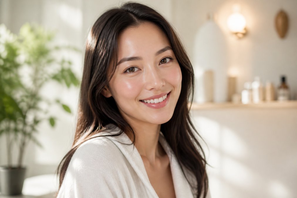 Woman with glowing, radiant complexion showing improved clarity and even tone in natural daylight, smiling confidently