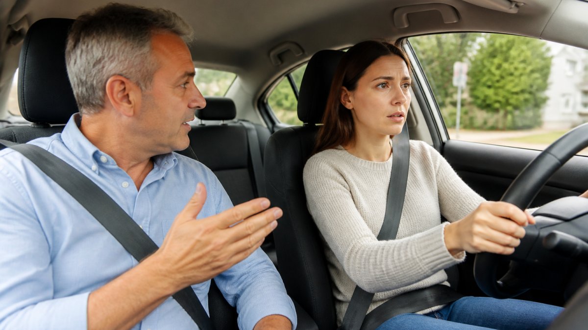 Professional driving instructor sitting calmly in passenger seat of car, speaking reassuringly to an adult nervous driver behind the wheel during a daytime lesson in suburban setting
