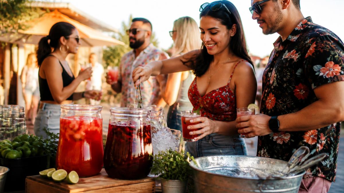 A vibrant self-serve drink station at an outdoor taco party with colorful glass pitchers filled with watermelon agua fresca and hibiscus tea, fresh lime wedges and mint sprigs scattered on the table, guests in casual summer clothing selecting beverages with ice buckets nearby