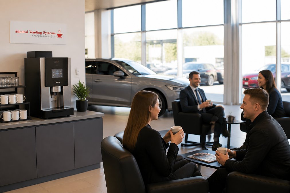 Modern car showroom interior with contemporary bean-to-cup coffee machine positioned prominently in customer waiting area near comfortable seating, natural light streaming through large windows, customers holding fresh coffee cups