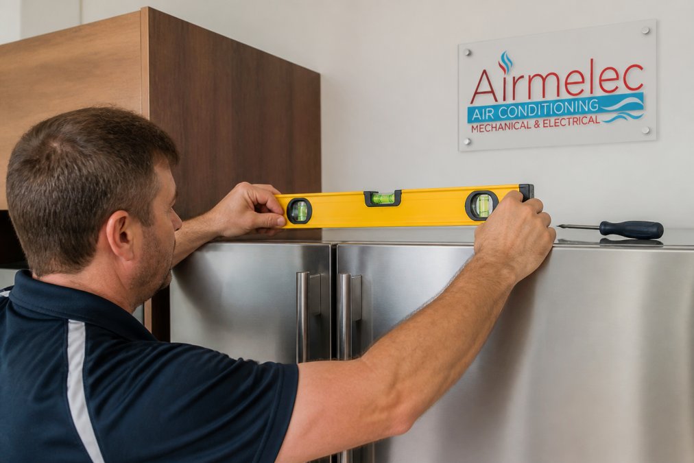 Person using a spirit level on top of a refrigerator to address refrigerator making strange noise causes