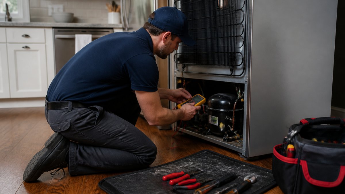 A repair technician in a uniform kneeling beside an open refrigerator in a home kitchen, holding a multimeter and inspecting the compressor area, with tools laid out on a mat