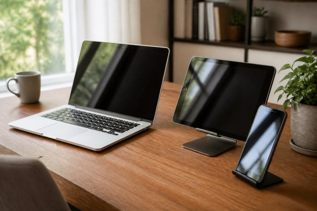 Comparison chart of hardware features for a remote work setup on a tidy desk with laptop, tablet, and smartphone.
