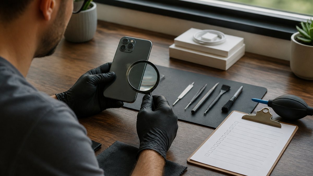 Professional examining a refurbished iPhone carefully, checking the screen and back for condition, with a detailed inspection checklist and magnifying glass on a clean desk with natural lighting