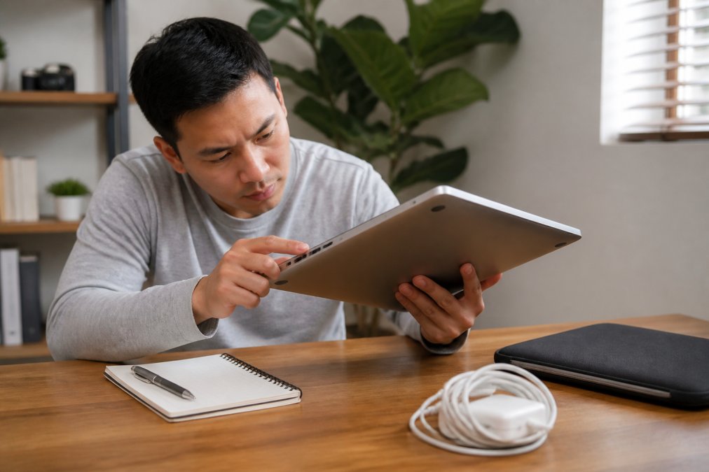 Person inspecting a refurbished laptop at a wooden desk in a bright home office while taking notes