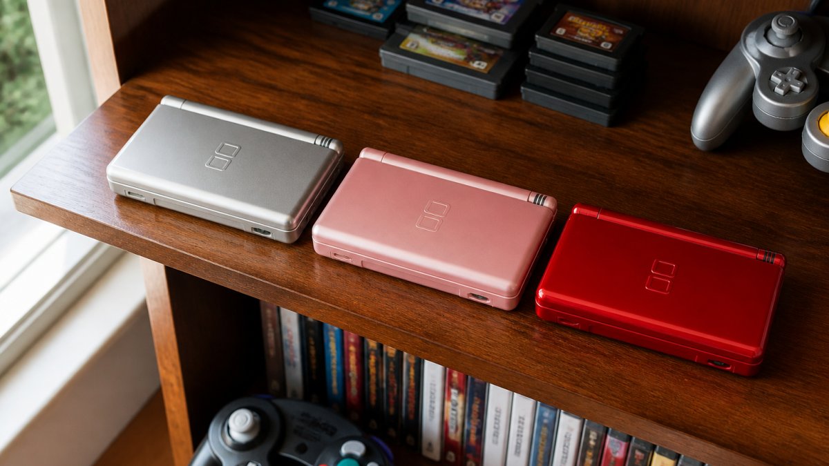 Metallic silver, coral pink, and crimson handheld consoles arranged on a wooden shelf with vintage game cartridges