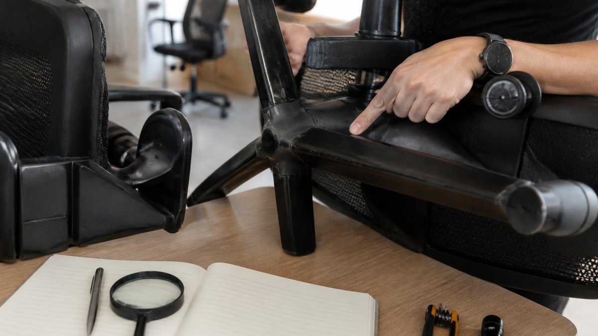 Close-up of hands carefully inspecting an office chair frame for cracks and bent metal, checking joints and welds under bright natural light