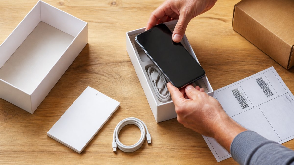 Overhead shot of hands placing a refurbished smartphone into its original box with charging cable and paperwork beside a printed return shipping label on a wooden desk
