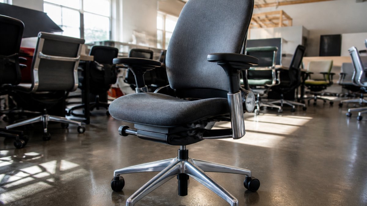 Close-up of a refurbished Steelcase Leap chair in charcoal fabric on a warehouse showroom floor, sunlight from high windows catching the polished aluminum base