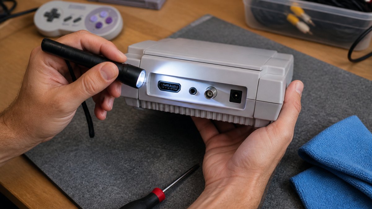 Person using a flashlight to inspect the ports of a vintage game console on a workbench with cleaning tools