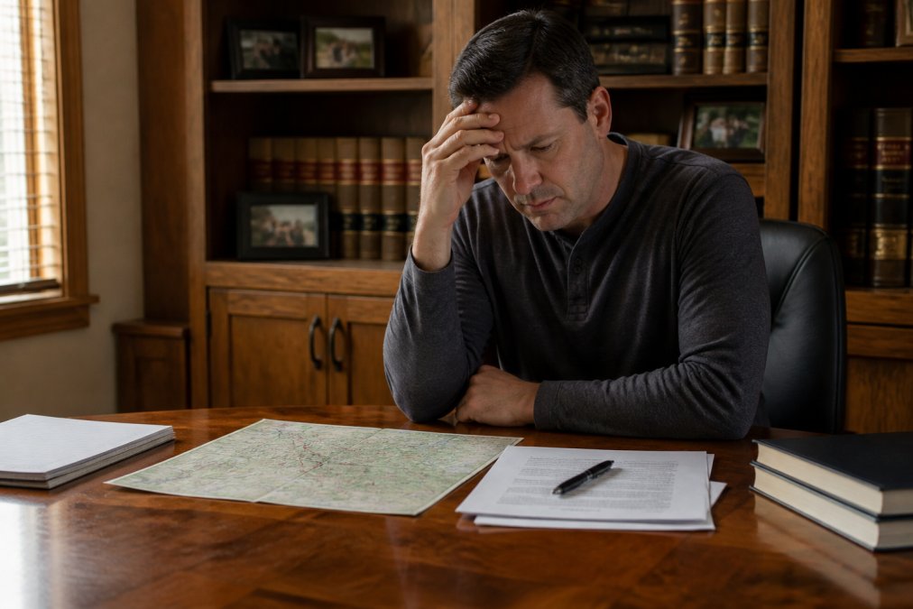 A person sitting at a wooden desk with a Colorado map, legal papers, and a pen, looking concerned and focused, in a home office setting