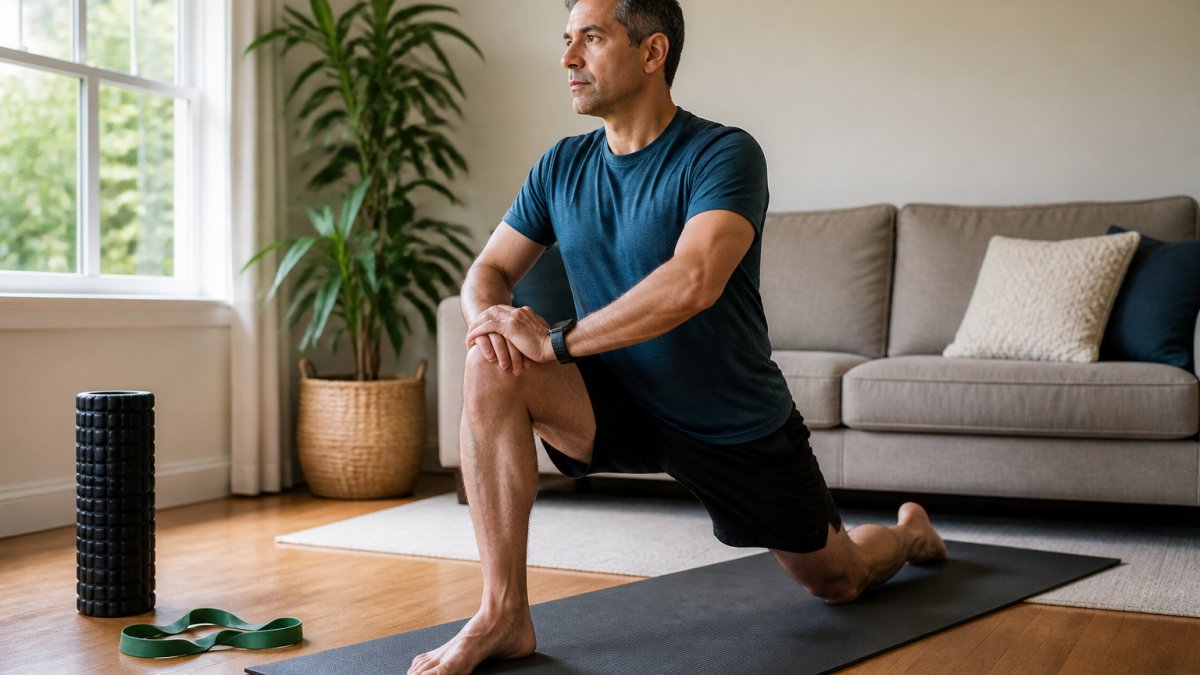 A middle-aged adult performing a gentle hip flexor stretch on a yoga mat in a bright living room, with a foam roller and resistance band nearby, focused expression, natural light from a window