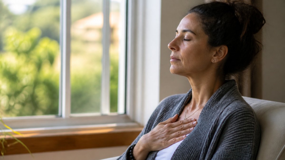 Person sitting by a window practicing mindful breathing while regaining self-trust after burnout.