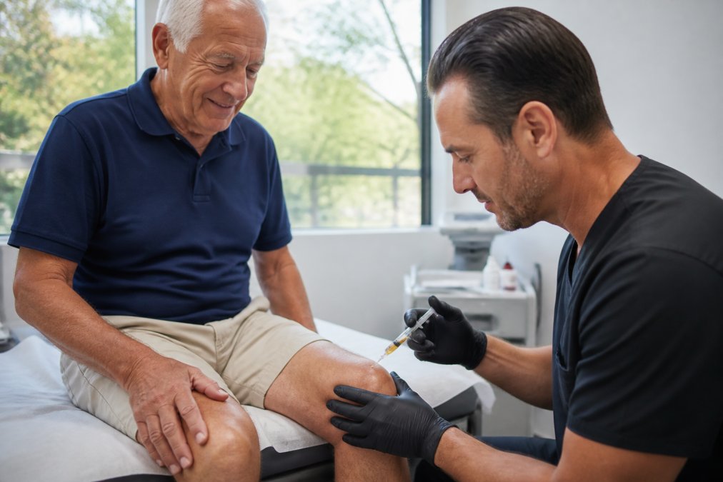 Senior patient receiving regenerative knee injection procedure in modern clinical setting with healthcare provider administering treatment, natural lighting from clinic windows