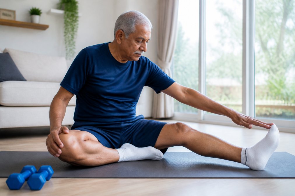 Active senior performing gentle stretching and mobility exercises in bright home setting, demonstrating proper form with natural window lighting
