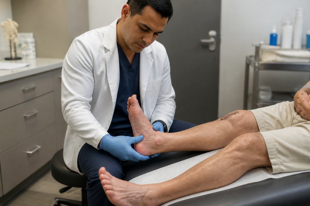 Medical professional examining patient's foot and lower leg to assess neuropathy symptoms in modern clinical setting with diagnostic equipment visible