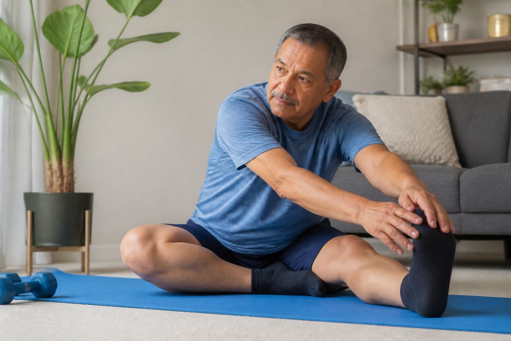 Active adult performing gentle stretching and mobility exercises at home, demonstrating rehabilitation and maintenance activities after regenerative treatment in natural lighting