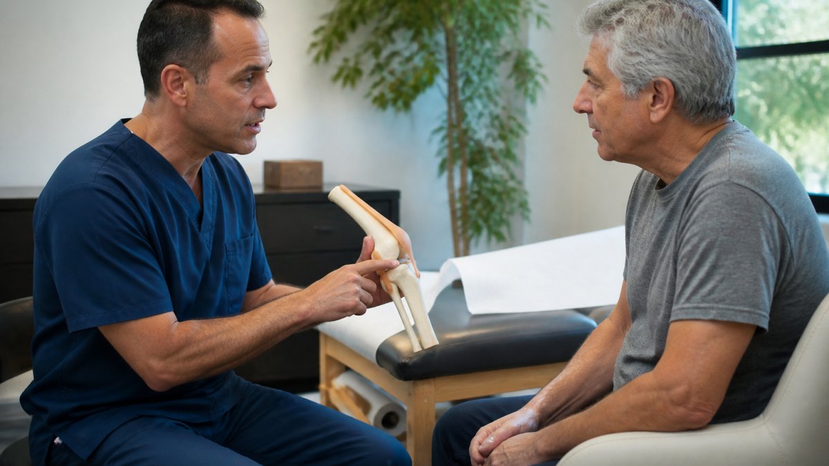 Healthcare provider discussing regenerative medicine joint repair treatment options with patient in modern clinical consultation room with natural lighting