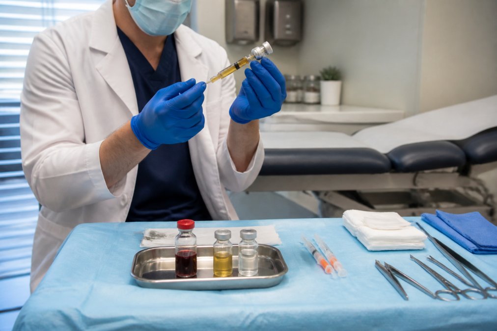 A medical professional in a white coat preparing a syringe near a tray of labeled vials in a clean, well-lit clinical treatment room with stainless steel instruments on a blue sterile drape