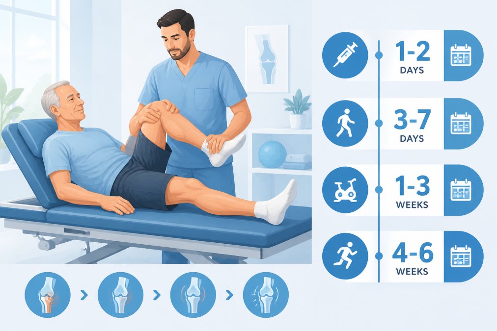 An older adult patient doing gentle physical therapy knee exercises on a padded table, with a physical therapist in scrubs guiding the patient's leg movement in a bright, modern rehabilitation room with natural light