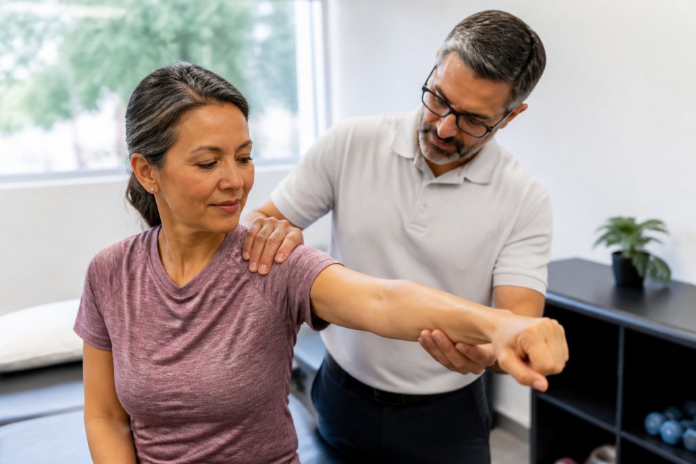 A middle-aged adult in a clinic setting, gently rotating their shoulder while a physician observes and guides the movement, bright natural lighting