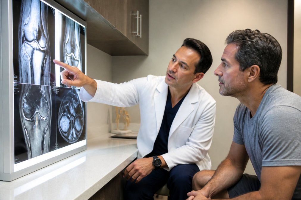 A physician in a modern clinic reviewing a knee MRI scan with a middle-aged patient, both looking at the images on a backlit screen