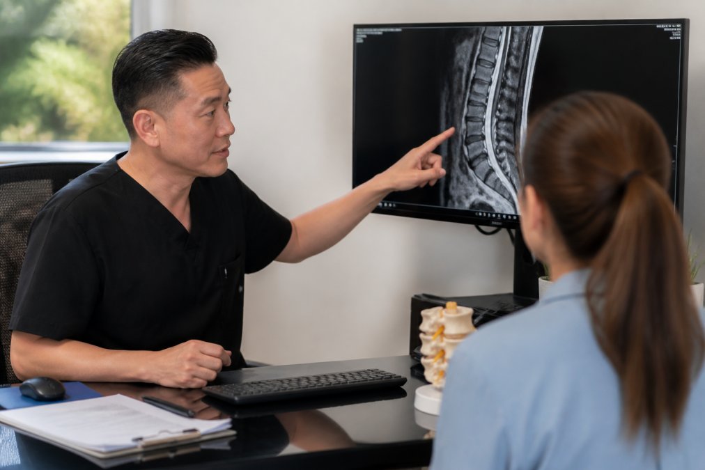 Healthcare provider consulting with patient in modern clinical office, reviewing imaging results on monitor, showing personalized treatment discussion