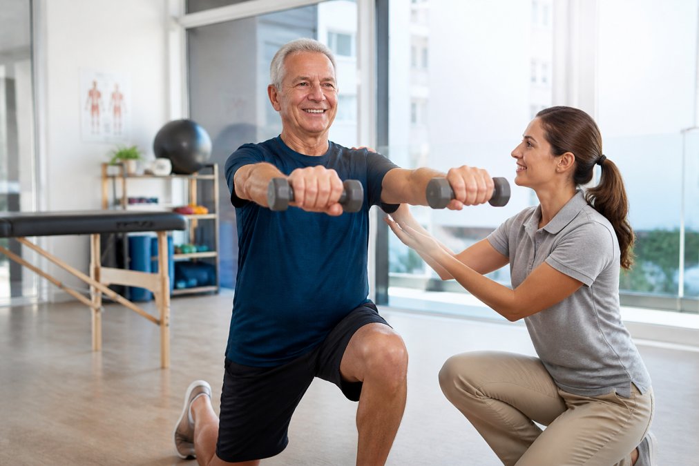 Active senior patient demonstrating improved mobility and range of motion during physical therapy session, showing functional movement capability and strength