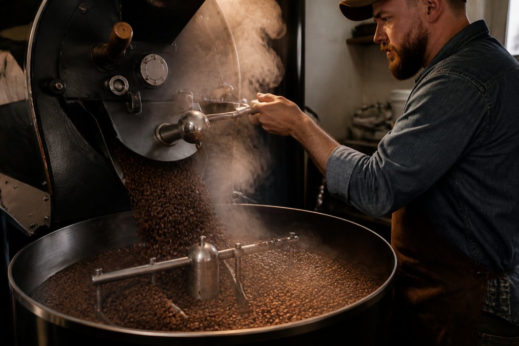 Small-batch coffee roaster pouring freshly roasted beans into a cooling tray with rising steam in a warm workshop