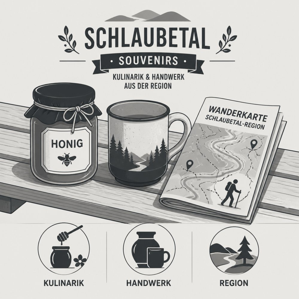 Flatlay aus einem Glas Honig, einer handgemachten Keramiktasse und einer gefalteten Wanderkarte der Schlaubetal-Region auf einer Holzbank