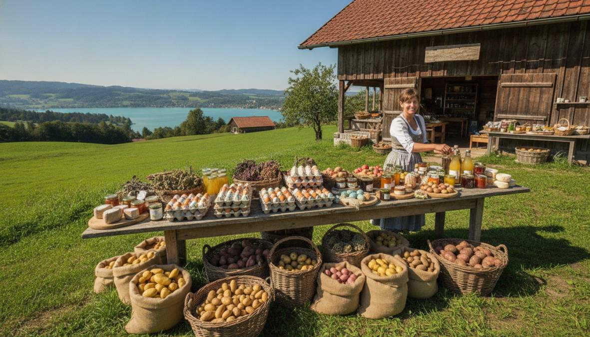 Rustikaler Hofladen mit Holztischen voller frischer regionaler Produkte: Körbe mit Gemüse, Eier in Kartons, Gläser mit Marmelade und Käselaibe unter warmem Naturlicht