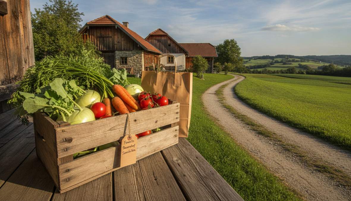 Bäuerin mit geernteten Karotten, Kohlrabi und Tomaten in einer Holzkiste auf einem Bauernhof in Kärnten, Morgenlicht, Hände mit Gartenhandschuhen, bereit zum Verpacken für den Versand
