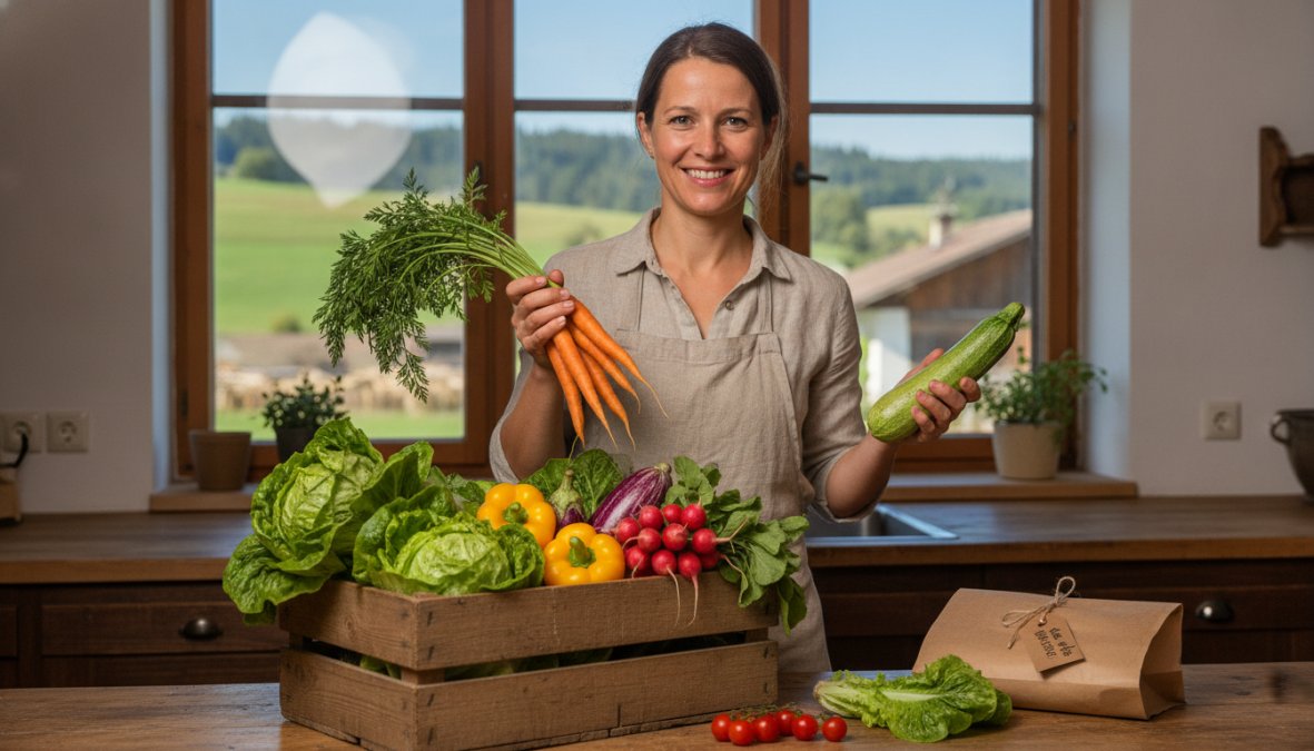 Frau packt frisches Gemüse, Karotten, Zucchini und Salat in eine Holzkiste auf einem Bauernhof, Sonnenlicht im Hintergrund, sorgfältige Handarbeit beim Verpacken für den Versand