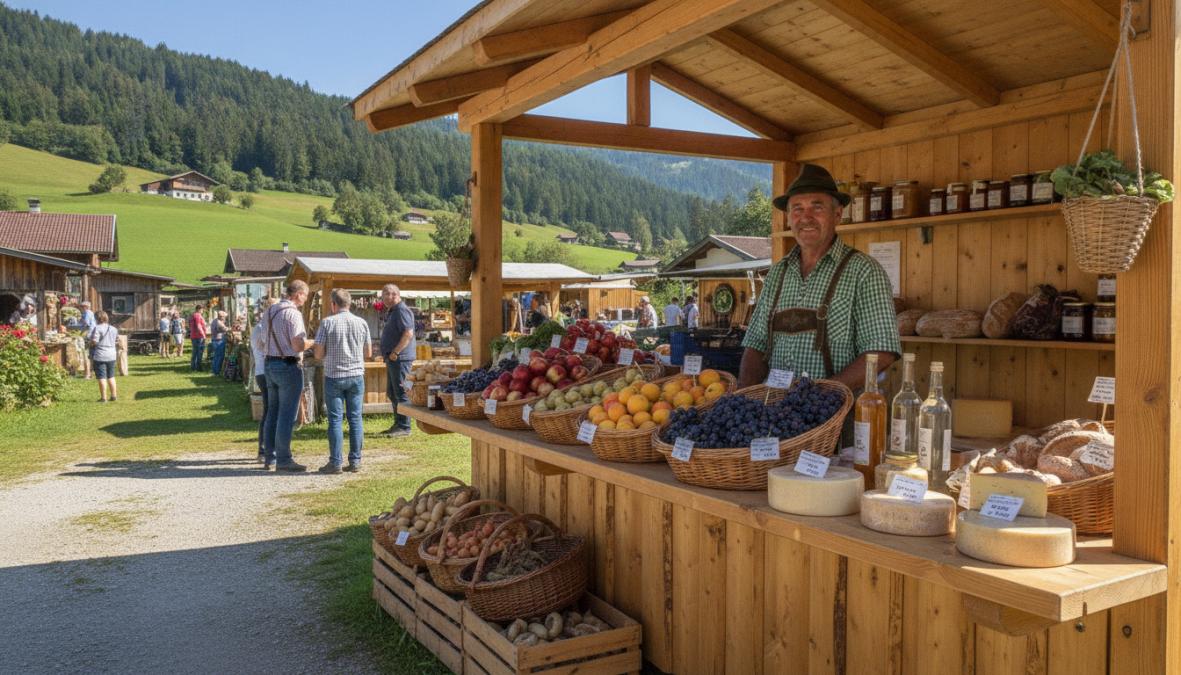 Ein Bauer steht hinter einem rustikalen Holzmarktstand mit frischem Gemüse, Obst und selbstgemachten Produkten, im Hintergrund sanfte grüne Hügel einer typischen österreichischen Landschaft, warmes Nachmittagslicht