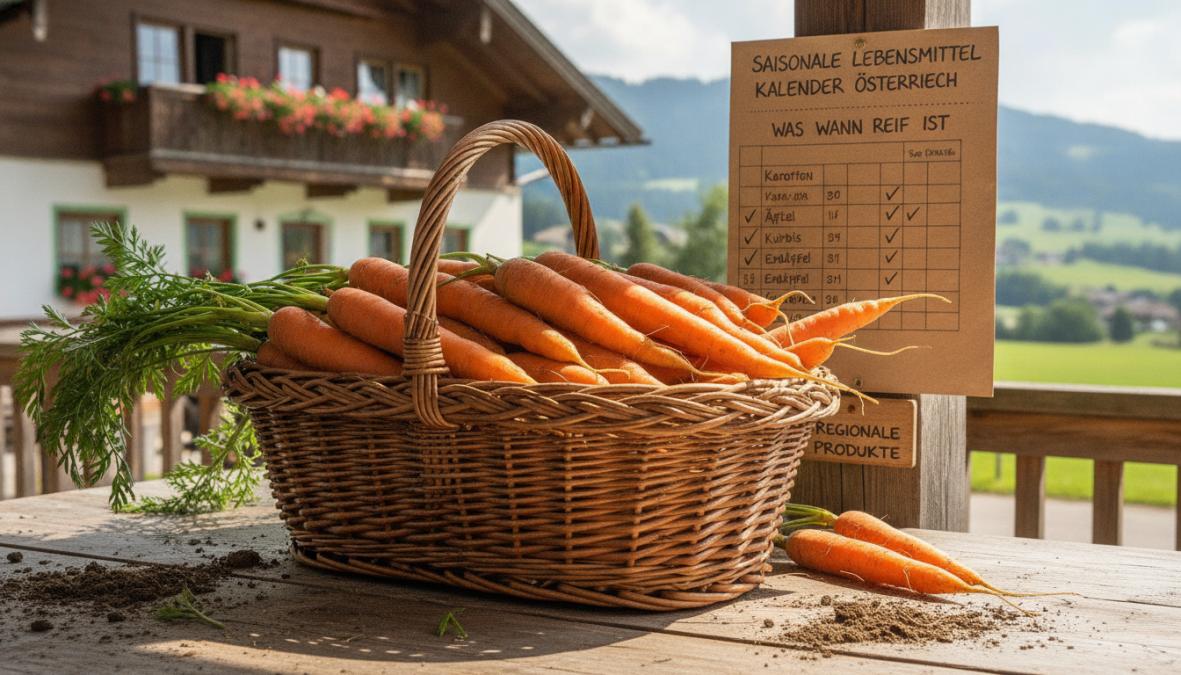 Nahaufnahme eines geflochtenen Weidenkorbs gefüllt mit buntem saisonalem Gemüse und Früchten, Kürbisse, Äpfel, Karotten und Kräuter, auf einem Holztisch bei einem österreichischen Bauernhof, natürliches Tageslicht
